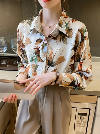 Floral Print Button Front Shirt, Elegant Long Sleeve