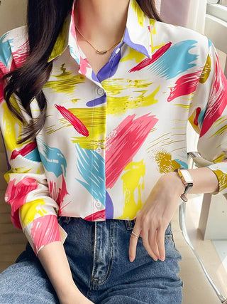 Abstract Watercolor Painting Print Shirt, Versatile Long Sleeve