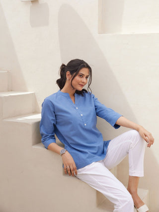 English Blue Airy Linen Short Kurta