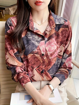 Geo Print Button Front Shirt, Vintage Long Sleeve