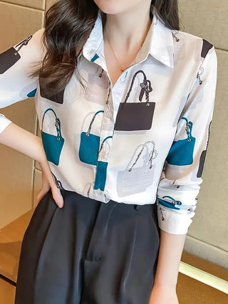 Bags Print Button Down Shirt, Elegant Long Sleeve