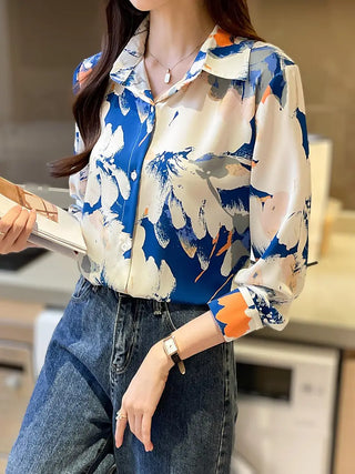 Floral Allover Print Button Up Blouse, Long Sleeve