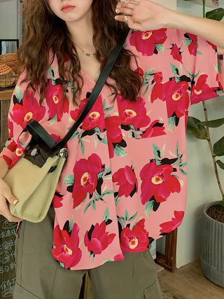 Floral Print Button Front Blouse, Casual Short Sleeve