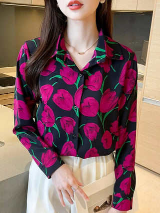 Floral Print Button Front Shirt, Casual Long Sleeve