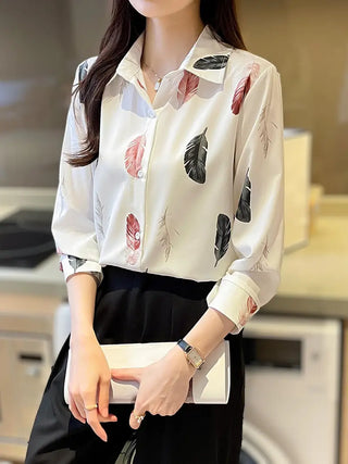 Feather Print Button Front Shirt, Elegant Long Sleeve