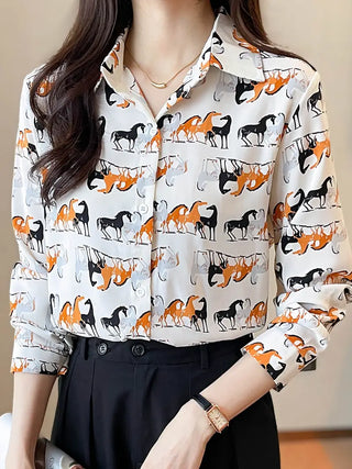 Horses Print Button Front Shirt, Casual Long Sleeve