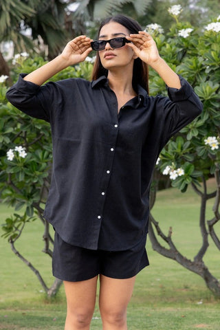 Black Bigsized Cotton Shirt & Shorts Set